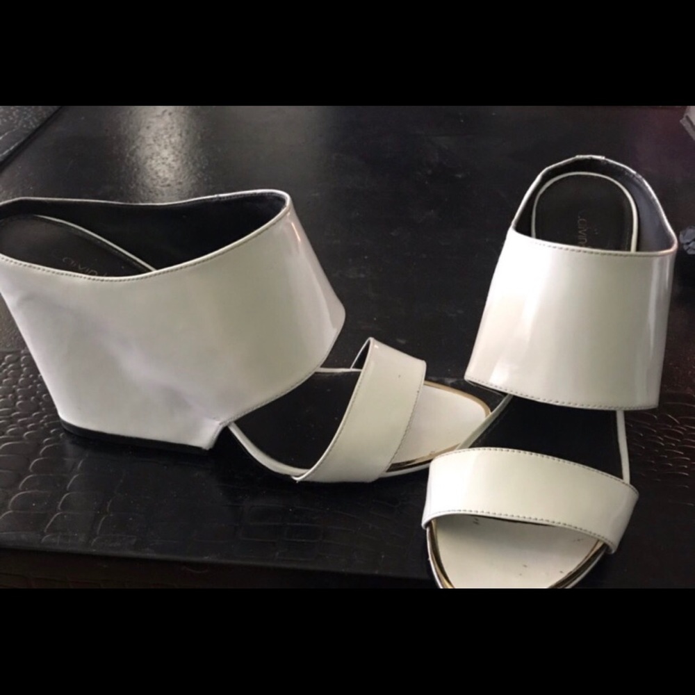 Calvin Klein white patent leather mule sandals
